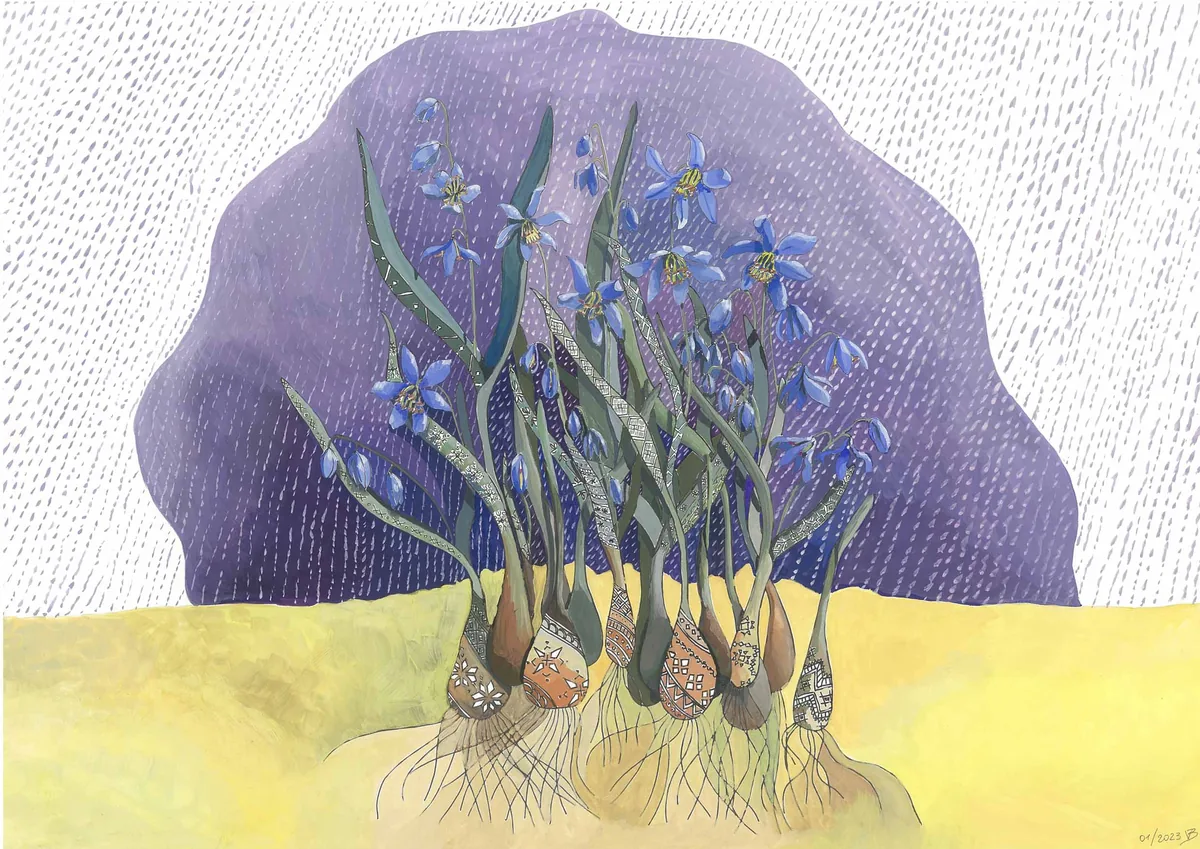 Fleurs bleues sortant de bulbes ornés de motifs géométriques, racines dans une terre jaune, sous un dôme violet.